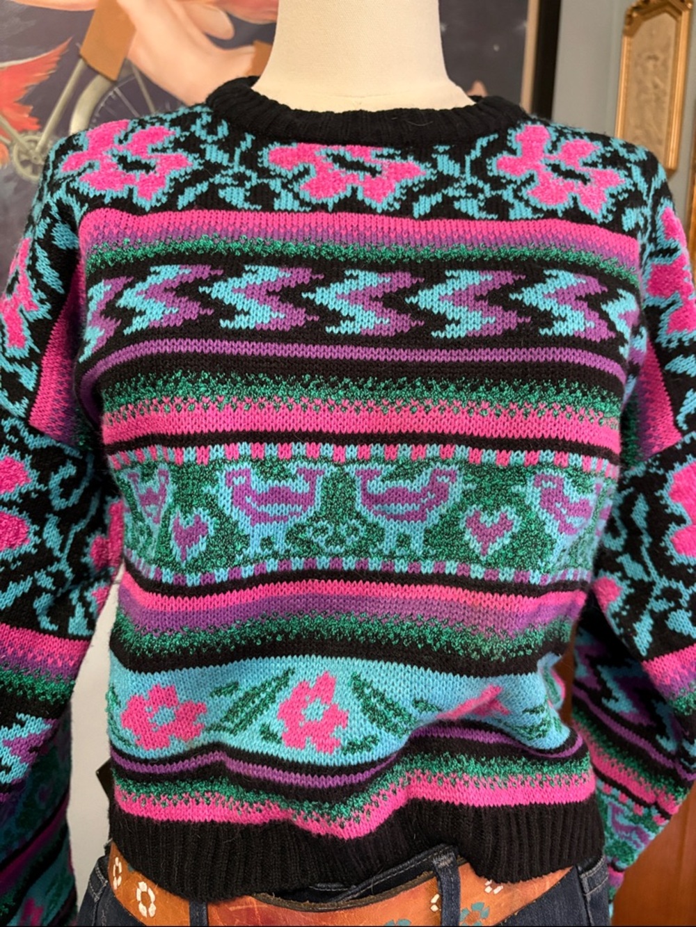 Colorblock Floral and other print Sweater - Pink, Teal & Black